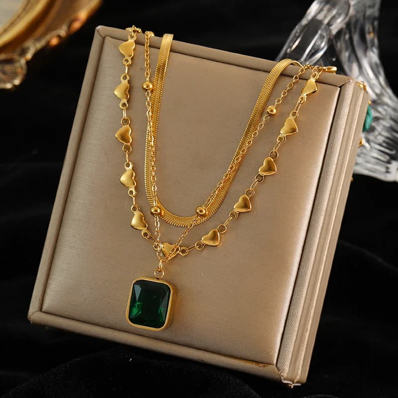 Collar Colgante Geométrico Multi-capa con Moneda y Piedra
