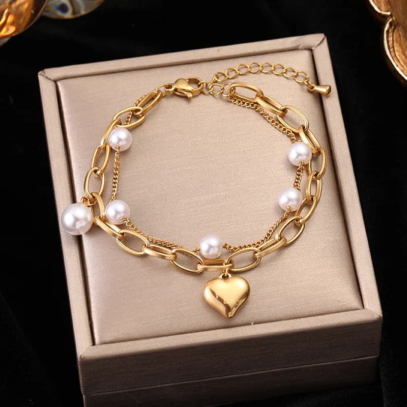 Pulsera de Eslabones Multicapa con Abalorios Dorados