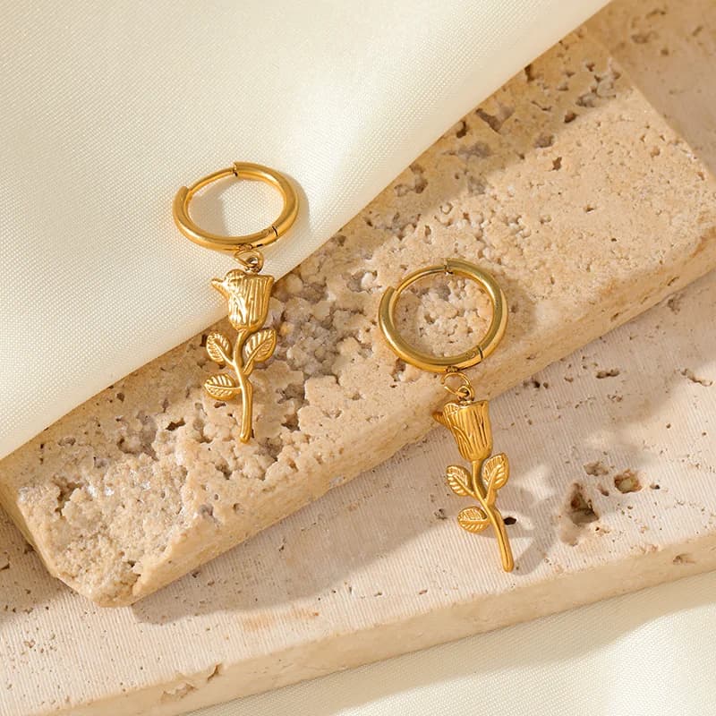 Pendientes colgantes de flor de rosa, acero inoxidable
