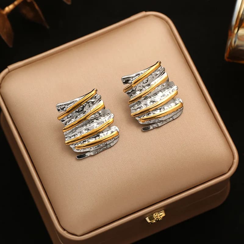 Pendientes de botón geométricos bicolor en acero inoxidable 316L