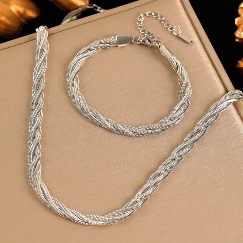 Juego de Collar y Pulsera de Cadena Trenzada Cruzada