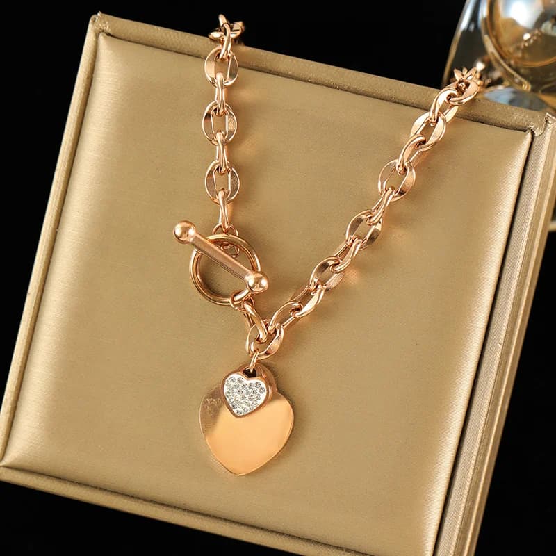 Juego de collar y pulsera de doble corazón, plata