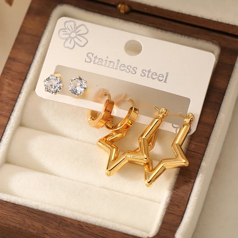 Juego de Pendientes de Botón Estrella con Circonita (3 Pares)