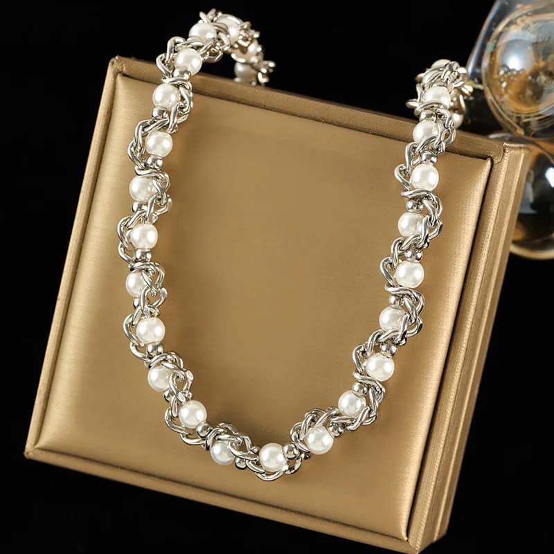 Set de Collar y Pulsera de Perlas y Cadena, Plata