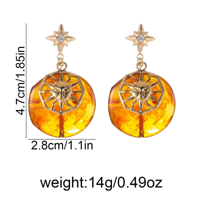 Pendientes Colgantes Vintage Sol Estrella Ámbar