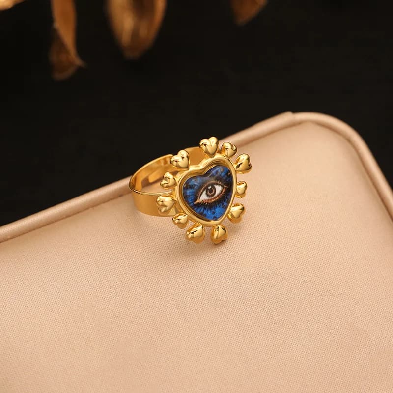 Anillo ajustable azul con ojo y corazón, acero inoxidable 316L