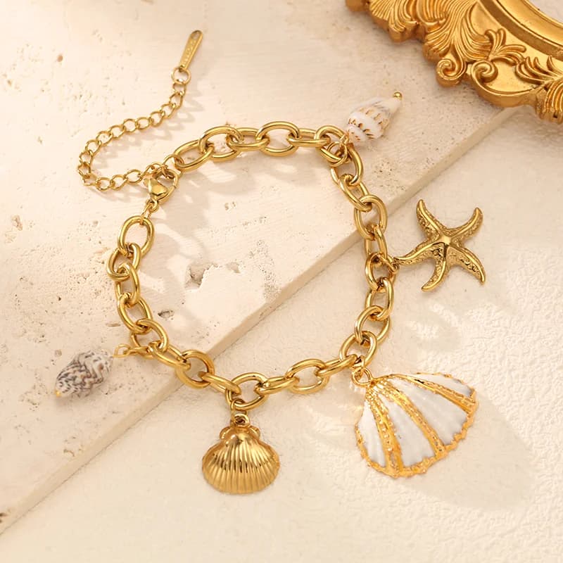 Pulsera Playera de Estrella de Mar y Concha en Acero Inoxidable 316L