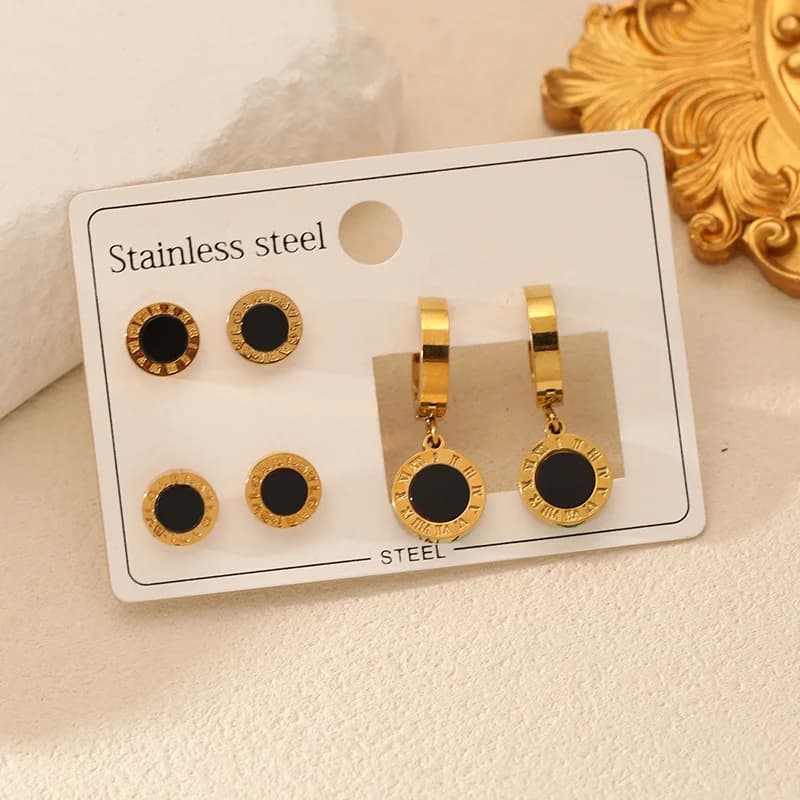 Set de 3 pares de pendientes redondos con números romanos negros