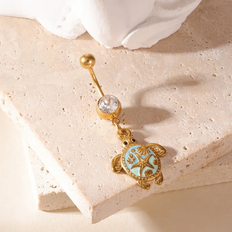 Anillo de Ombligo Colgante de Tortuga con Circonia