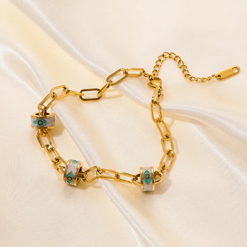 Pulsera de Eslabones en Acero Inoxidable con Abalorios Geométricos Circulares