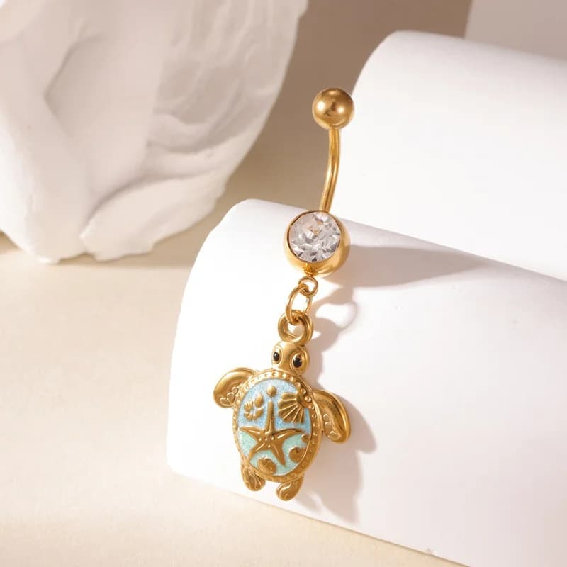 Anillo de Ombligo Colgante de Tortuga con Circonia