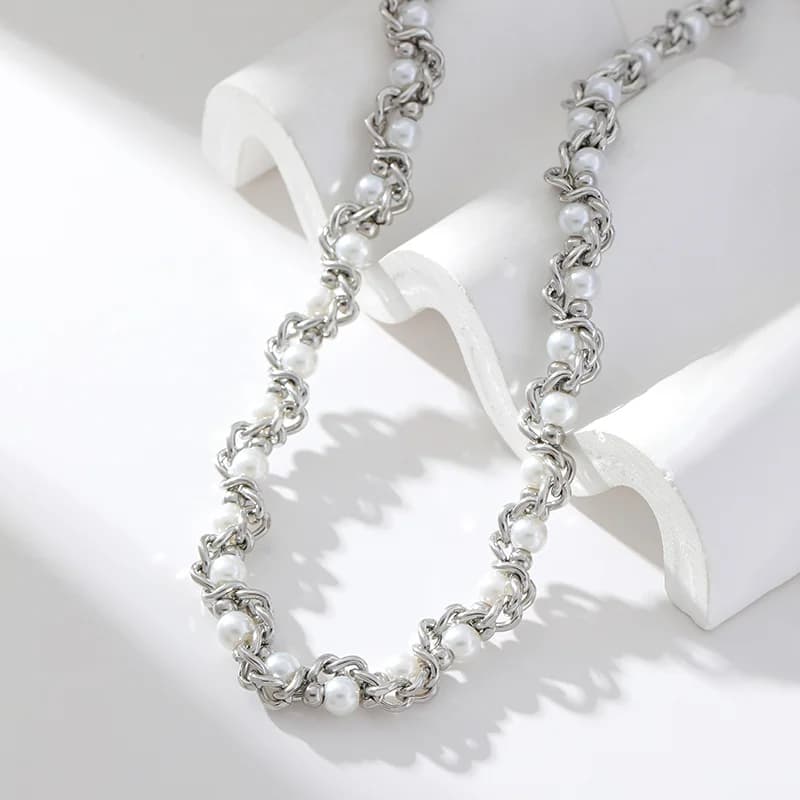 Collar gargantilla cadena perlas color plata