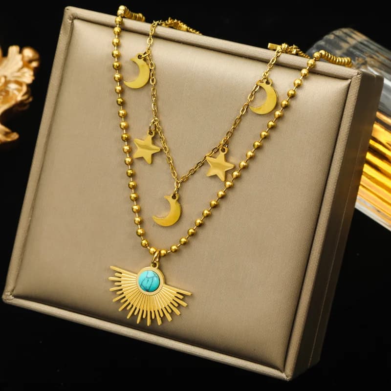 Collar Colgante Geométrico Multi-capa con Moneda y Piedra