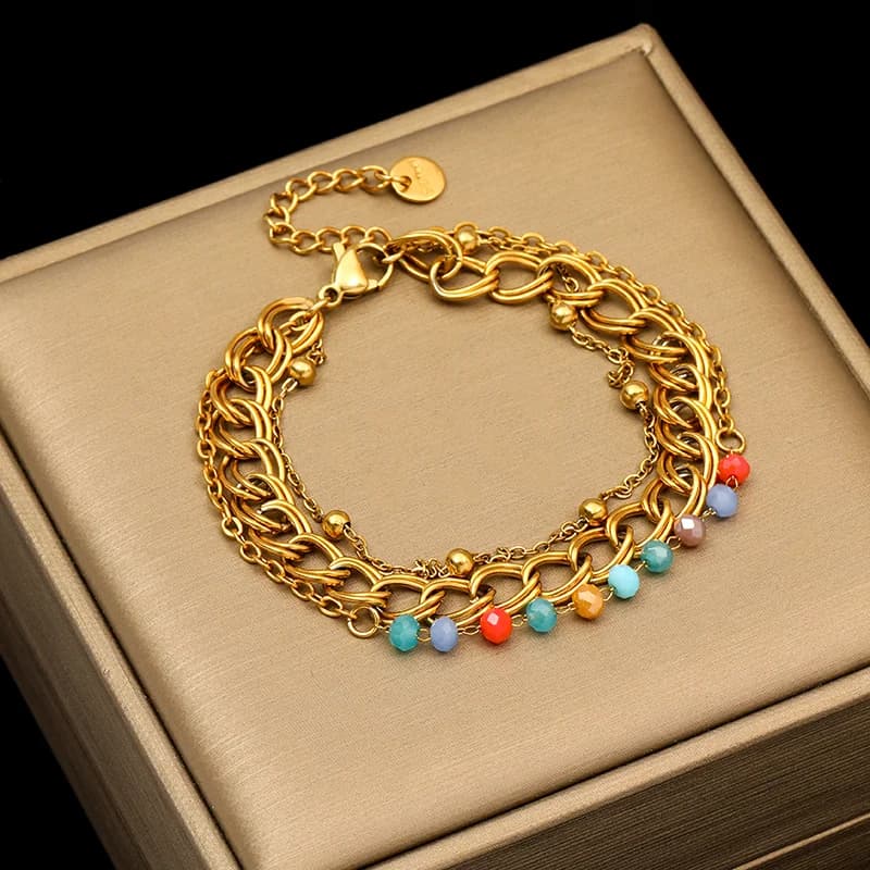 Pulsera ancha multicapa de acero inoxidable dorado