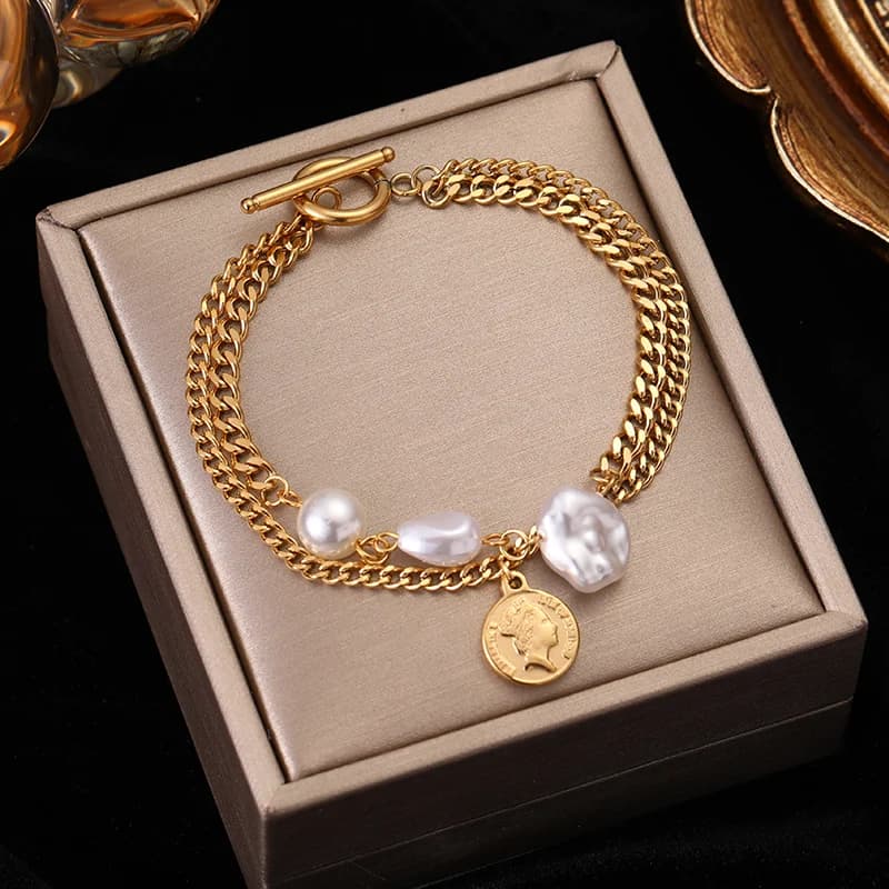 Pulsera ancha multicapa de acero inoxidable dorado