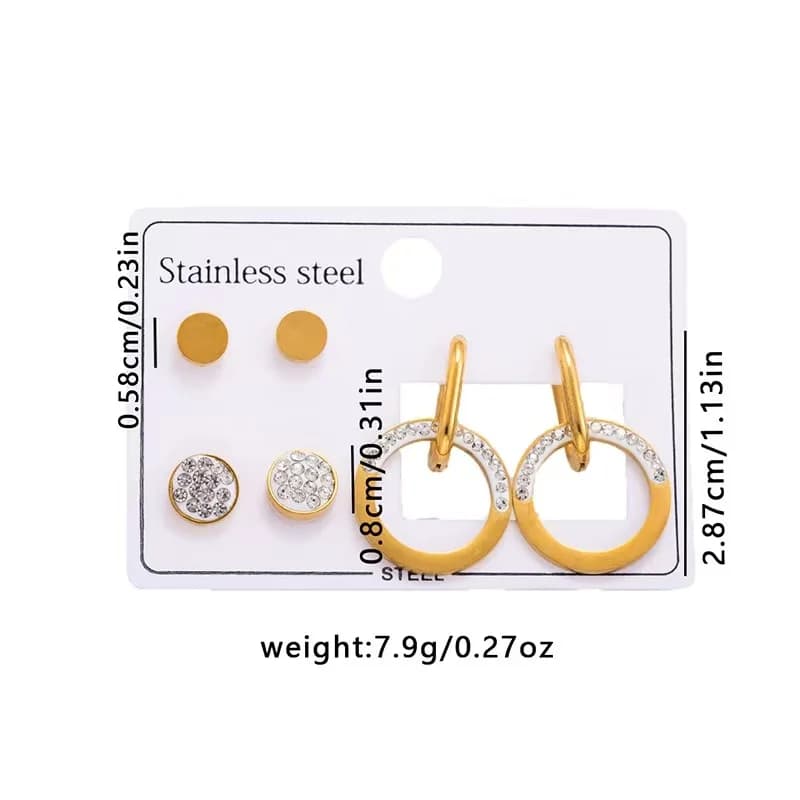 Set de Pendientes de Clavos Redondos con Circonita Cúbica (3 Pares)