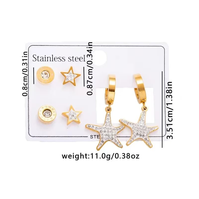 Set de Pendientes de Tuerca con Estrella de Cinco Puntas y Circonitas (3 Pares)