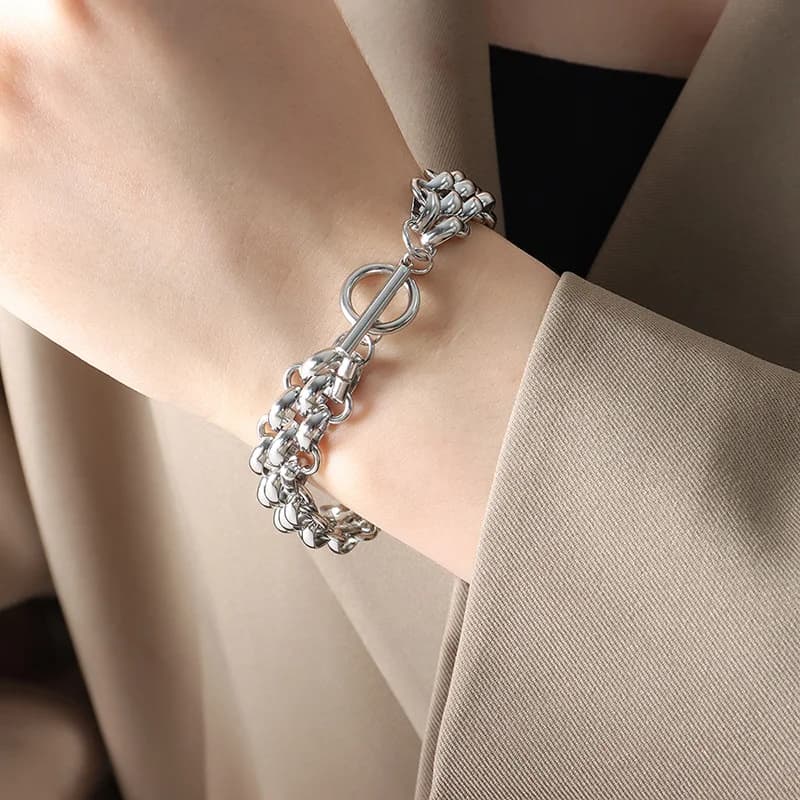 Brazalete pulsera de cadena color plata, acero inoxidable
