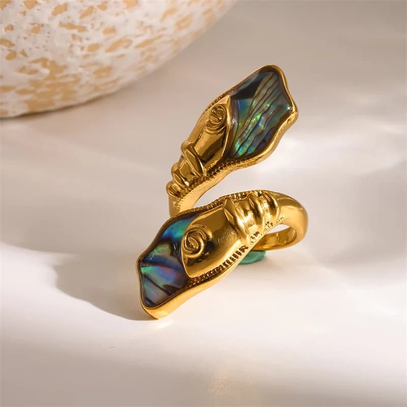 Anillo Abierto Ajustable con Concha de Abulón, Acero Inoxidable