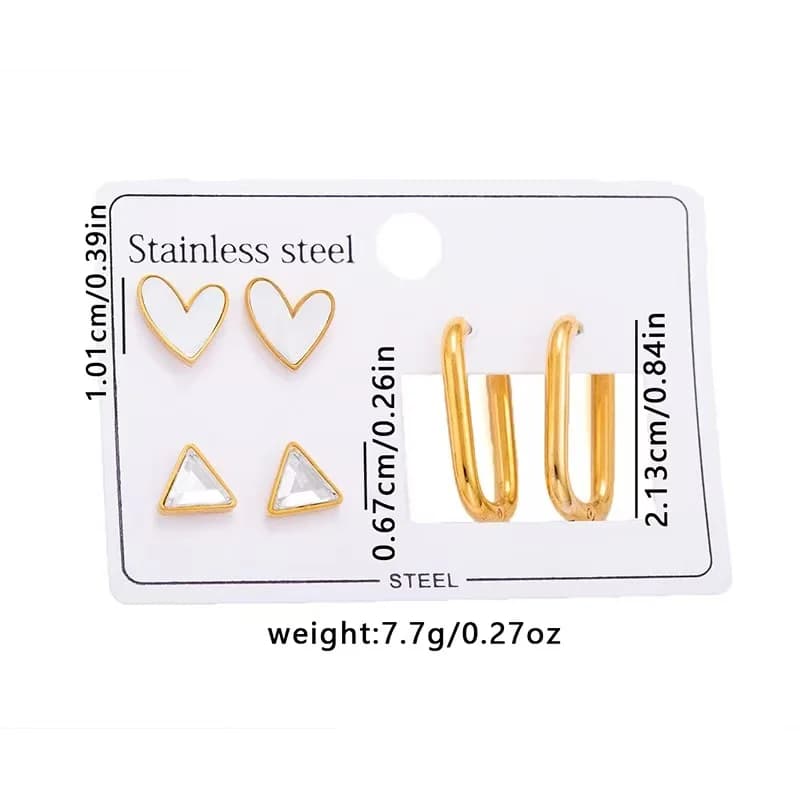 Set de 3 Pares de Pendientes Aro y Botón con Corazón Triangular