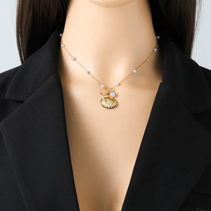 Collar de Acero Inoxidable con Colgante de Concha, Estrella de Mar y Perla