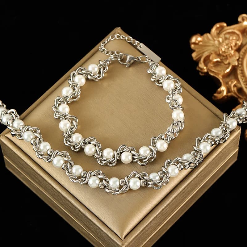 Set de Collar y Pulsera de Perlas y Cadena, Plata