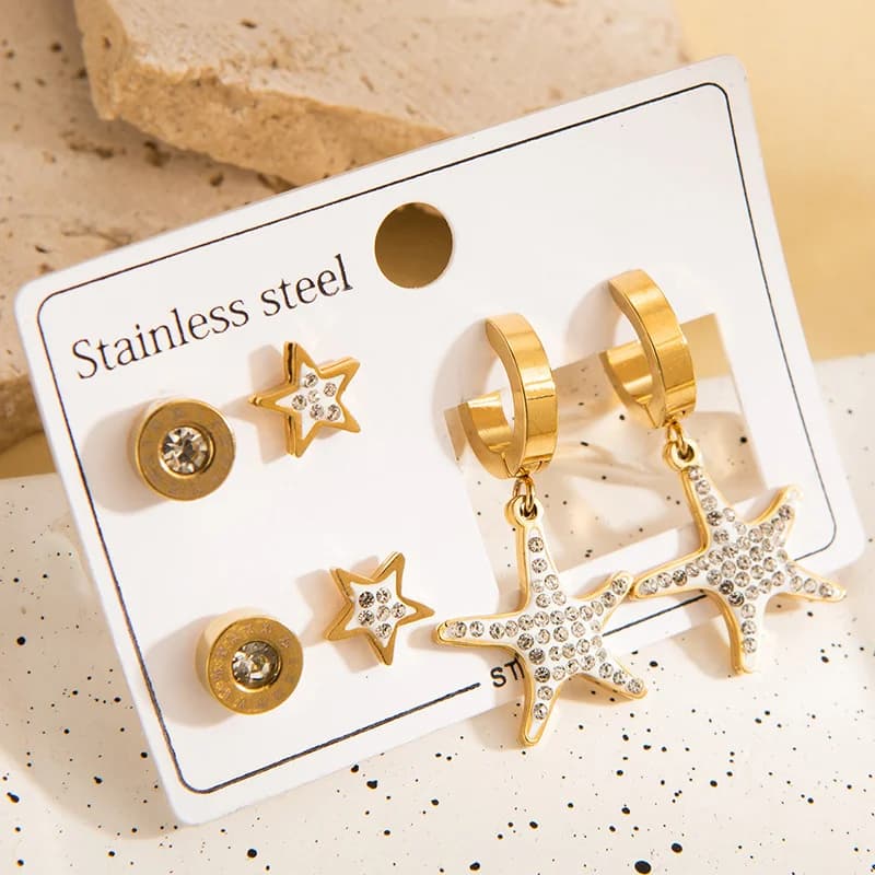 Set de Pendientes de Tuerca con Estrella de Cinco Puntas y Circonitas (3 Pares)