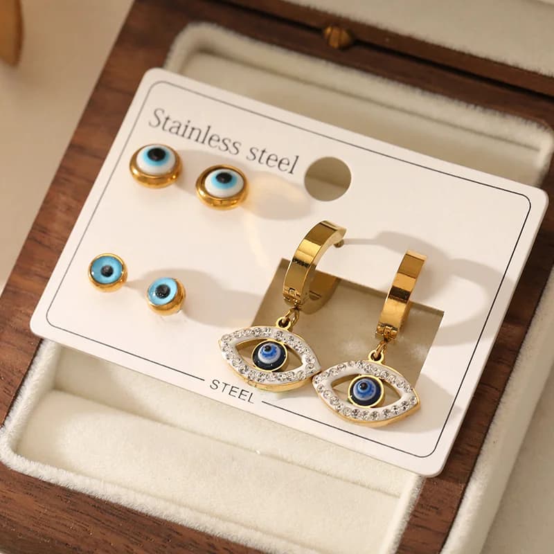 Set de 3 Pares de Pendientes con Ojo Azul y Circonia Cúbica