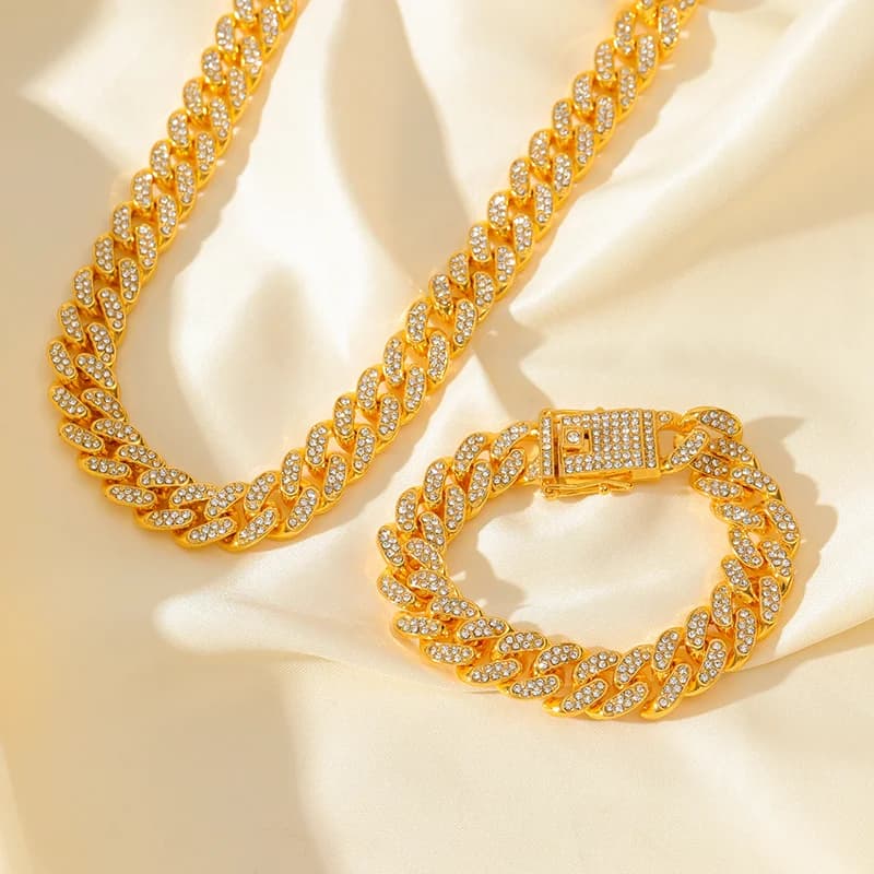 Set de collar y pulsera de cadena con circonia cúbica, acero inoxidable 316L chapado en oro